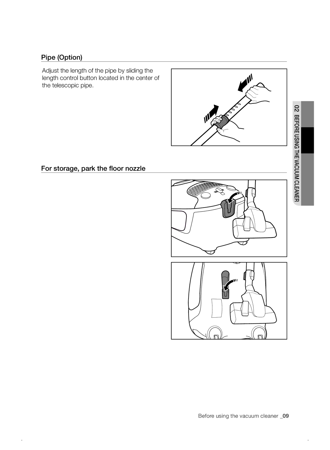 Samsung VC07F30WNHR/EE manual Pipe Option, For storage, park the ﬂoor nozzle 