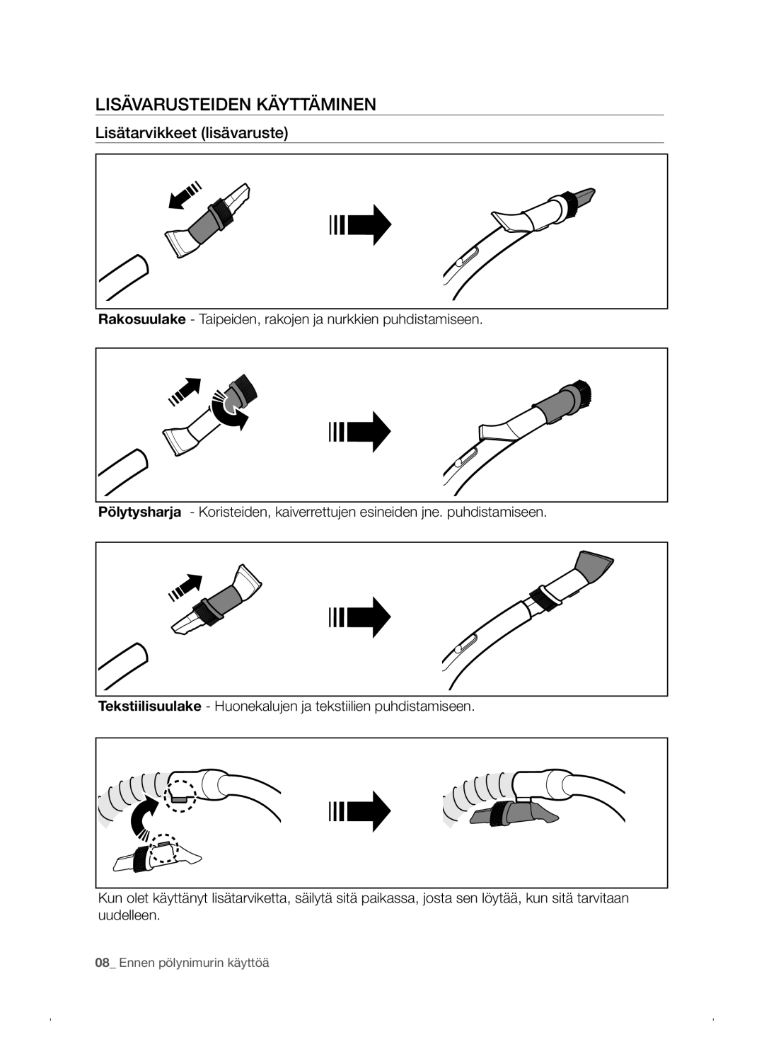 Samsung VC07F30WNHR/EE manual Lisävarusteiden Käyttäminen, Lisätarvikkeet lisävaruste 