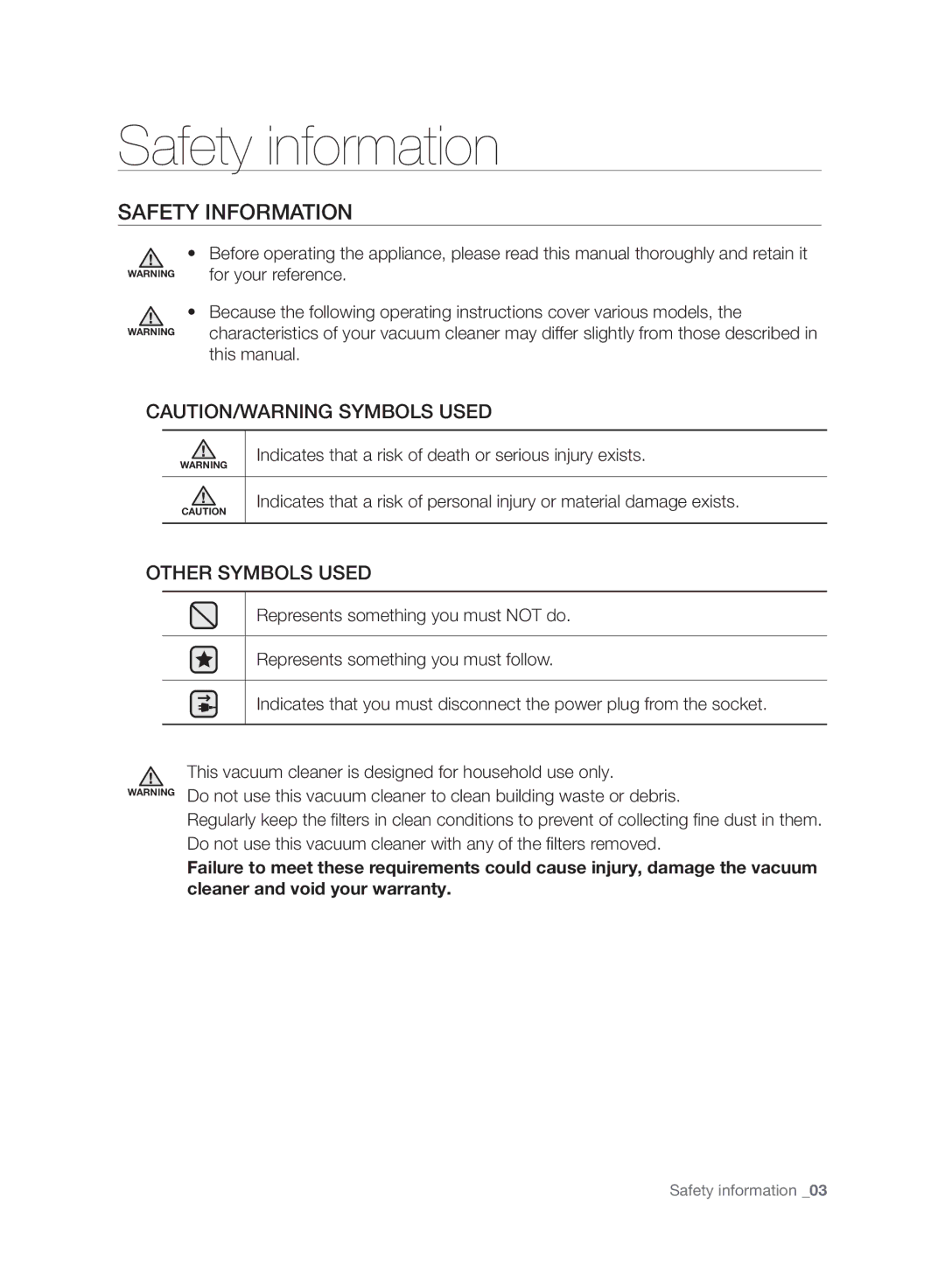 Samsung VC15F30WNLL/SB, VC07F30WNHR/SB, VC07F30WNLL/SB, VC07F30WNJN/SB, VC15F30WNJN/SB Safety information, Safety Information 