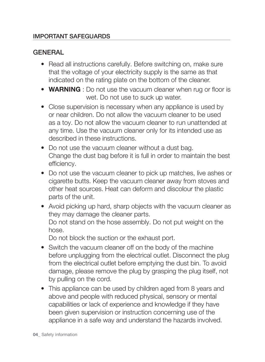 Samsung VC15F30WNJN/SB, VC07F30WNHR/SB, VC07F30WNLL/SB, VC07F30WNJN/SB, VC15F30WNLL/SB manual General, Important Safeguards 