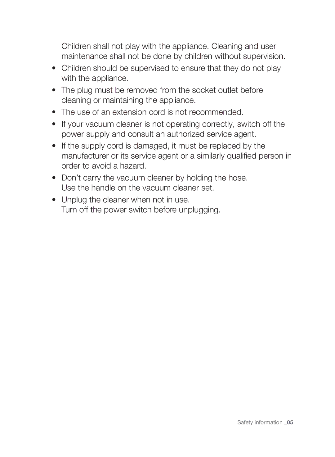 Samsung VC15F30WNHR/SB, VC07F30WNHR/SB, VC07F30WNLL/SB, VC07F30WNJN/SB, VC15F30WNLL/SB, VC15F30WNJN/SB manual Safety information 