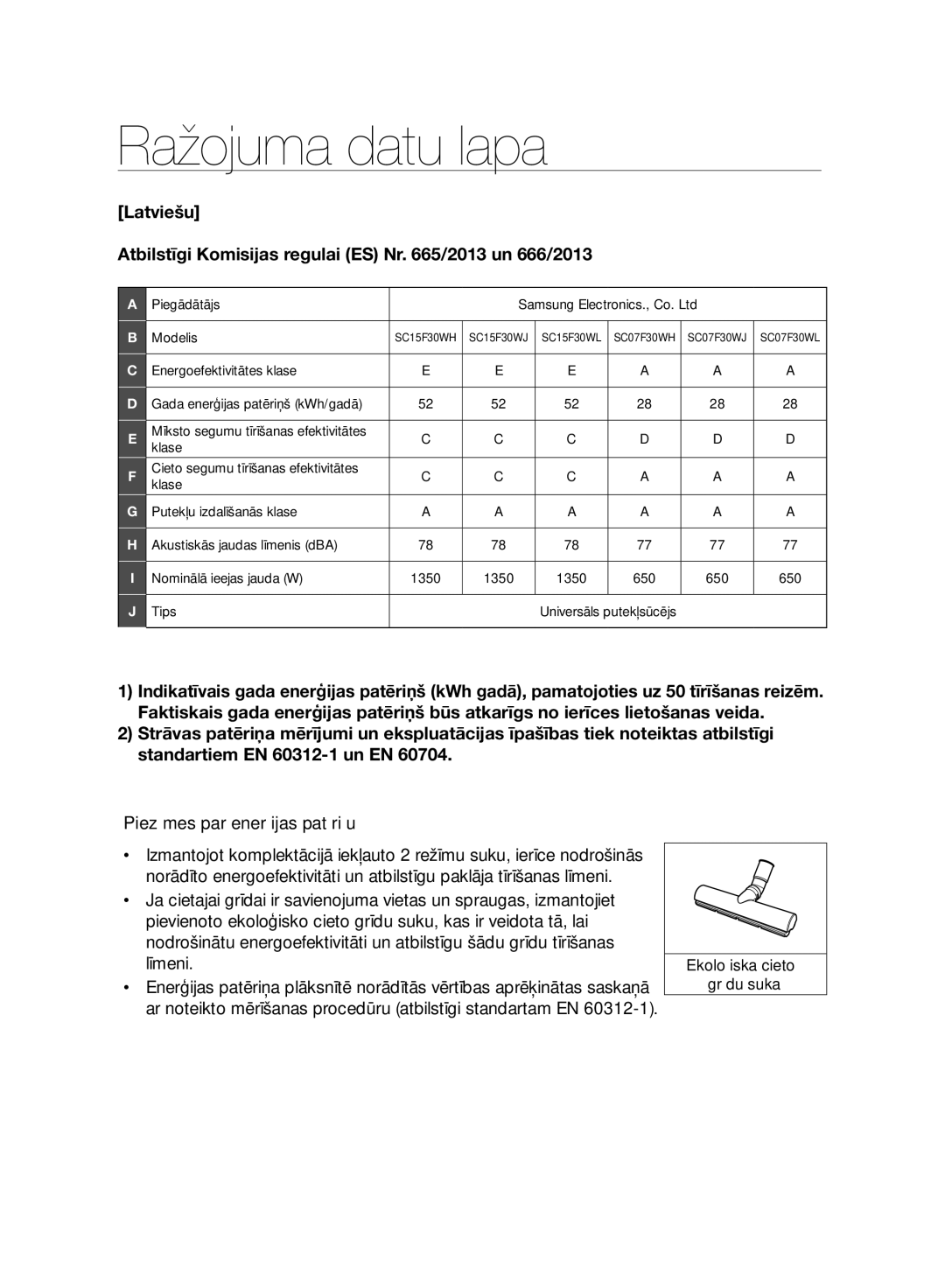 Samsung VC07F30WNJN/SB, VC07F30WNHR/SB, VC07F30WNLL/SB, VC15F30WNLL/SB Ražojuma datu lapa, Piezīmes par enerģijas patēriņu 