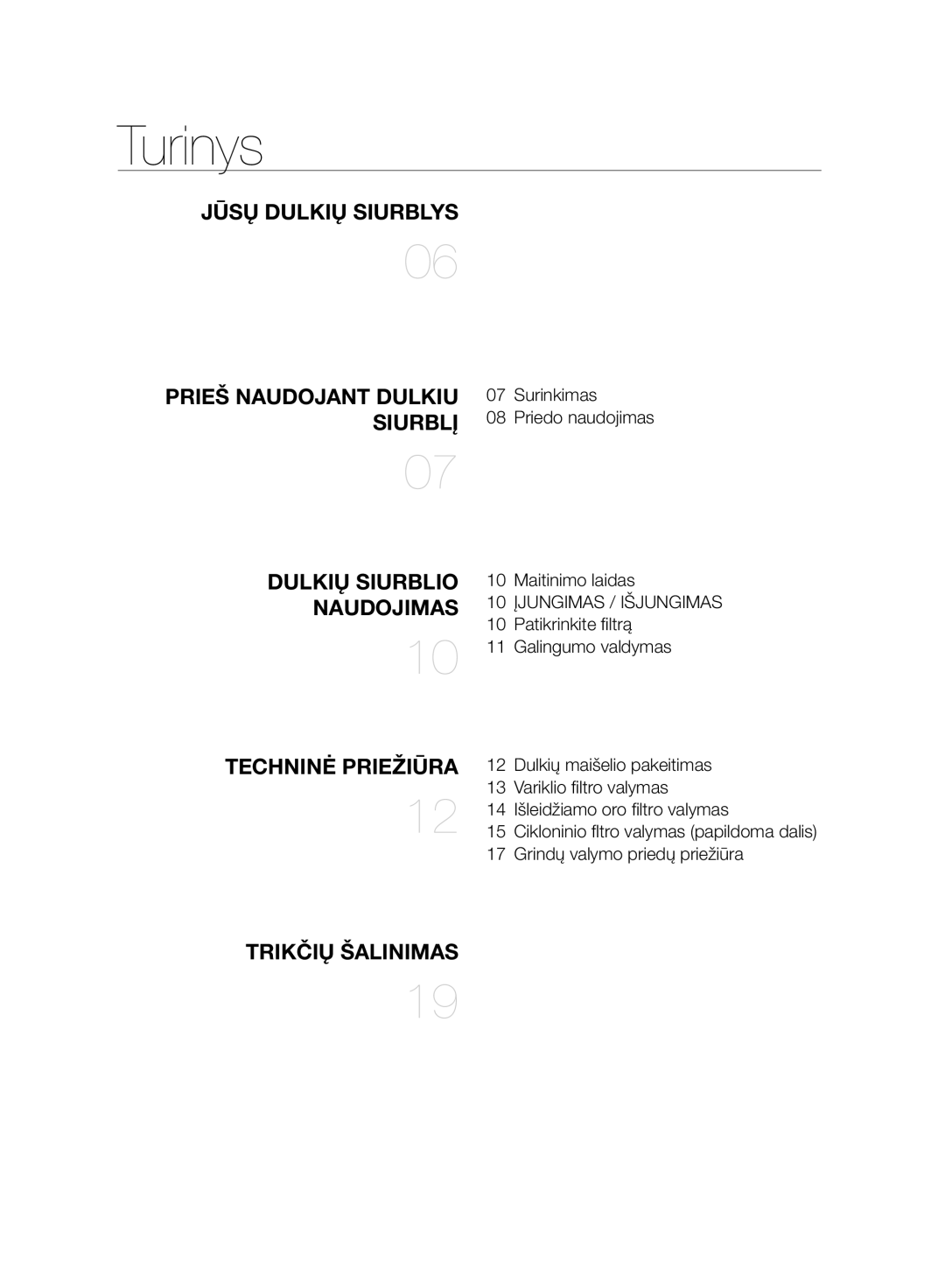 Samsung VC07F30WNHR/SB, VC07F30WNLL/SB, VC07F30WNJN/SB, VC15F30WNLL/SB, VC15F30WNJN/SB, VC15F30WNHR/SB Turinys, Naudojimas 