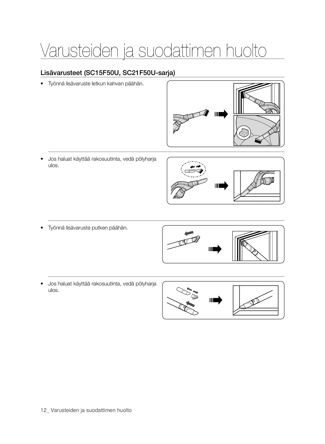 Samsung VC21F50VNAR/EE, VC07F50VN3Y/EE manual Varusteiden ja suodattimen huolto, Lisävarusteet SC15F50U, SC21F50U-sarja 