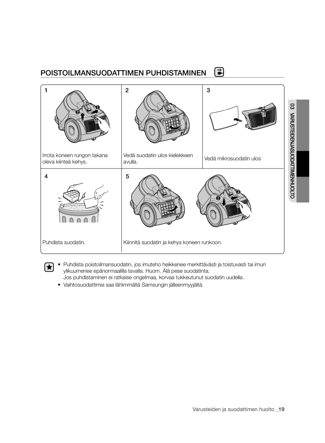 Samsung VC07F50VN3Y/EE, VC07F50HU1U/EE, VC07F50VNVR/EE, VC21F50VNAR/EE, VC21F50HUDU/EE Poistoilmansuodattimen Puhdistaminen 