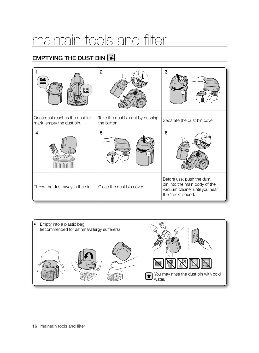 Samsung VC07F50HU1U/EE, VC07F50VN3Y/EE, VC07F50VNVR/EE, VC21F50VNAR/EE, VC21F50HUDU/EE manual Emptying the Dust BIN 