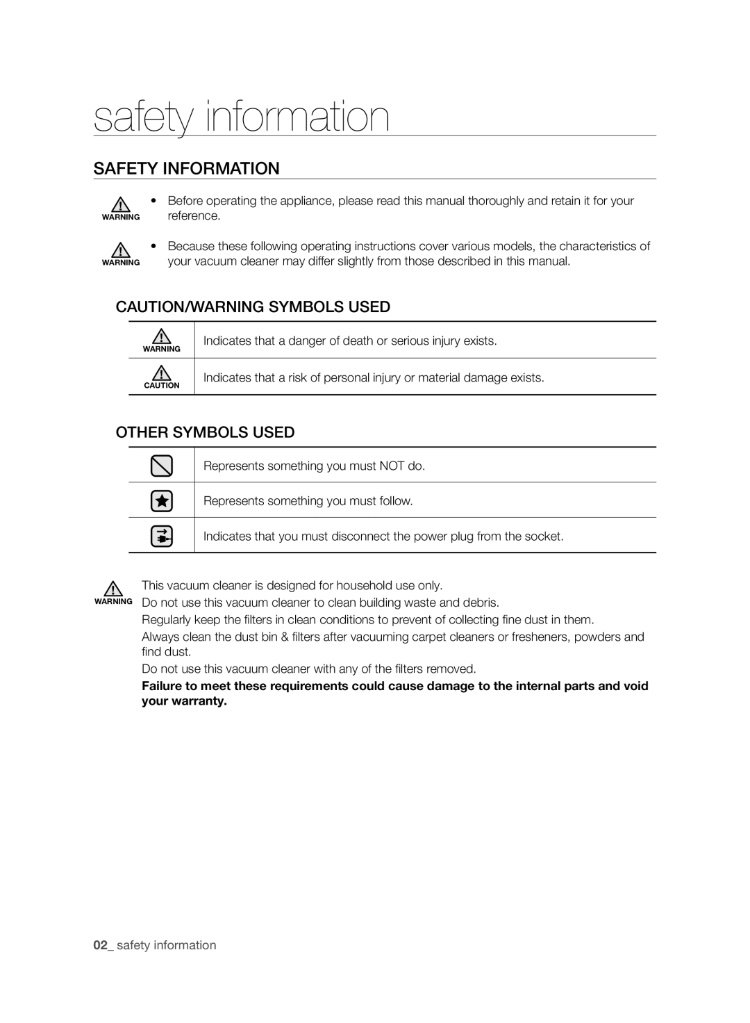 Samsung VC07F50VNVR/EE, VC07F50VN3Y/EE, VC07F50HU1U/EE, VC21F50VNAR/EE, VC21F50HUDU/EE Safety information, Safety Information 