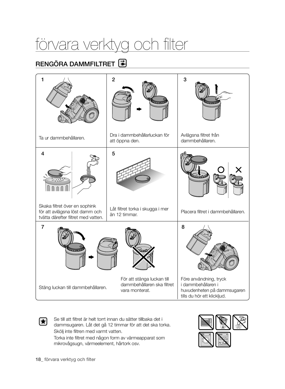 Samsung VC07F50VNVR/EE, VC07F50VN3Y/EE, VC07F50HU1U/EE, VC21F50VNAR/EE, VC21F50HUDU/EE manual 18 förvara verktyg och ﬁlter 