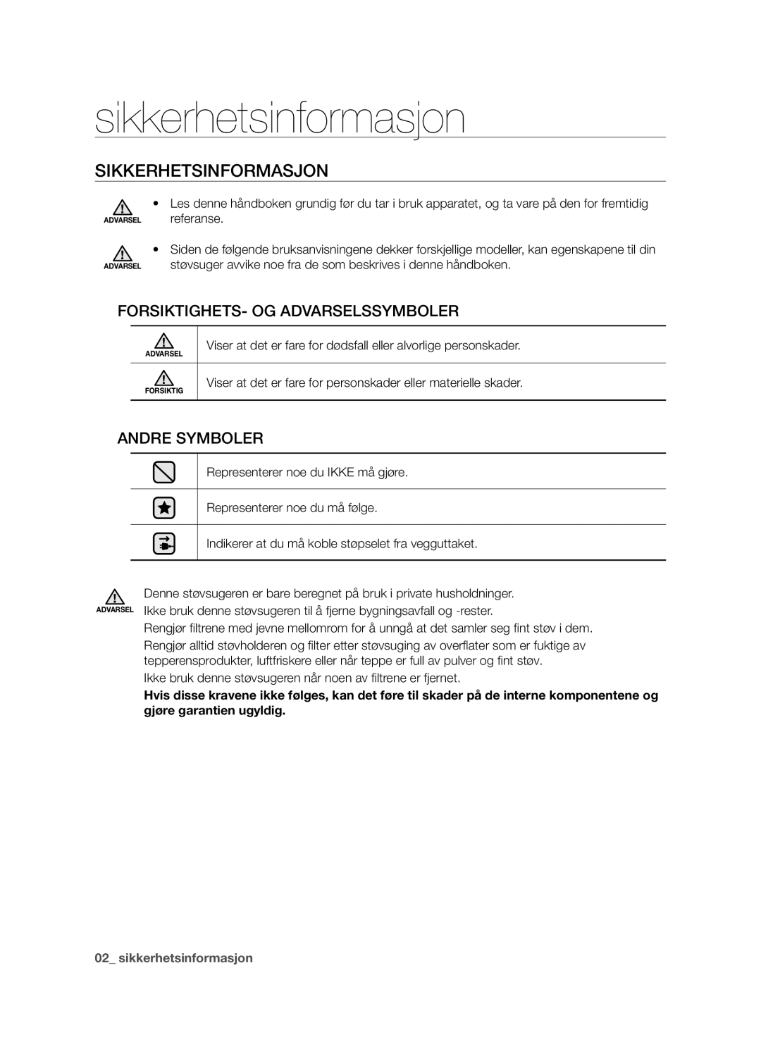 Samsung VC21F50HUDU/EE, VC07F50VN3Y/EE, VC07F50HU1U/EE, VC07F50VNVR/EE, VC21F50VNAR/EE manual Sikkerhetsinformasjon 