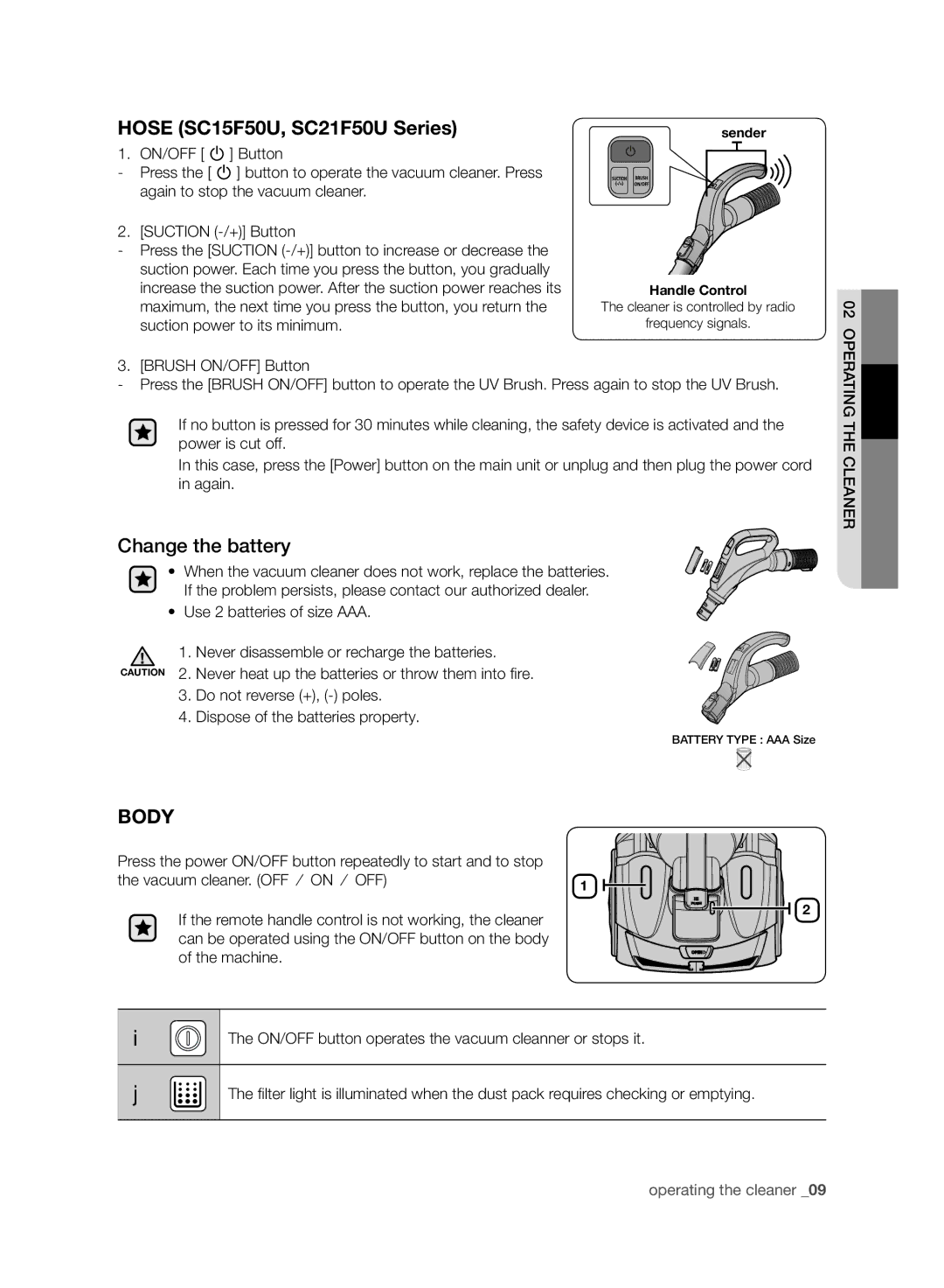 Samsung VC21F50HUDU/EE, VC07F50VN3Y/EE, VC07F50HU1U/EE, VC07F50VNVR/EE Hose SC15F50U, SC21F50U Series, Change the battery 