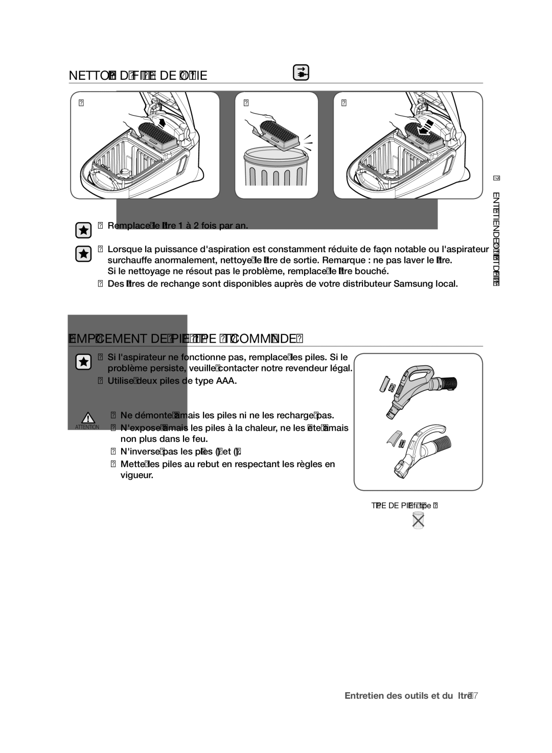 Samsung VC08F60WNUR/EF, VC07F60WNUR/EF manual Nettoyage DU Filtre DE Sortie, Remplacement DES Piles Type À Télécommande 