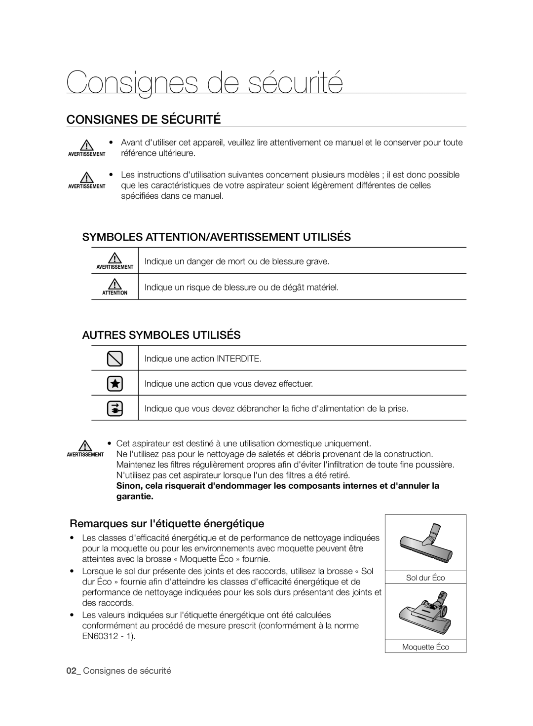 Samsung VC07F60WNUR/EF, VC08F60WNUR/EF Consignes de sécurité, Consignes DE Sécurité, Remarques sur létiquette énergétique 