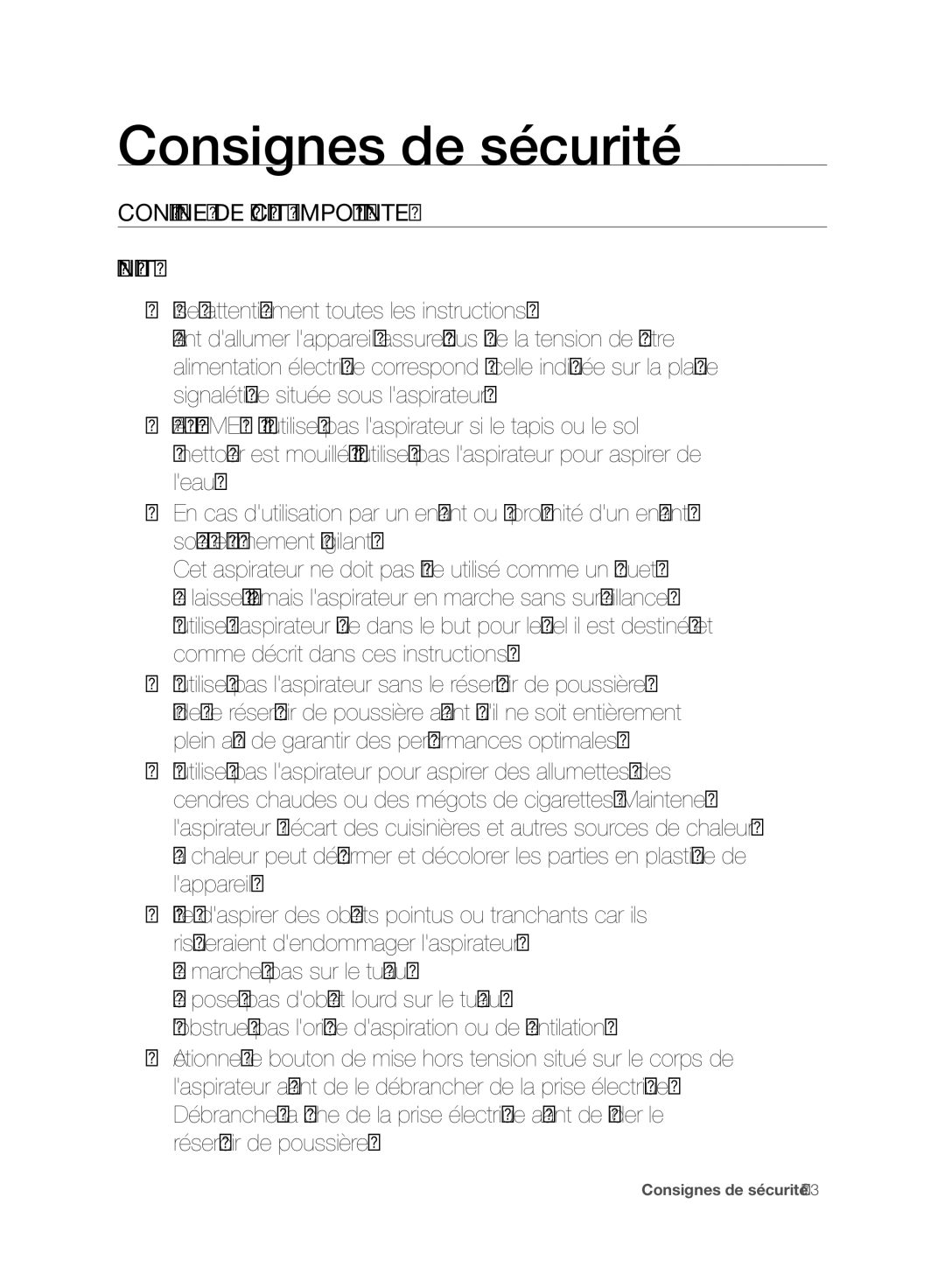 Samsung VC08F60WNUR/EF, VC07F60WNUR/EF manual Consignes DE Sécurité Importantes Généralités 