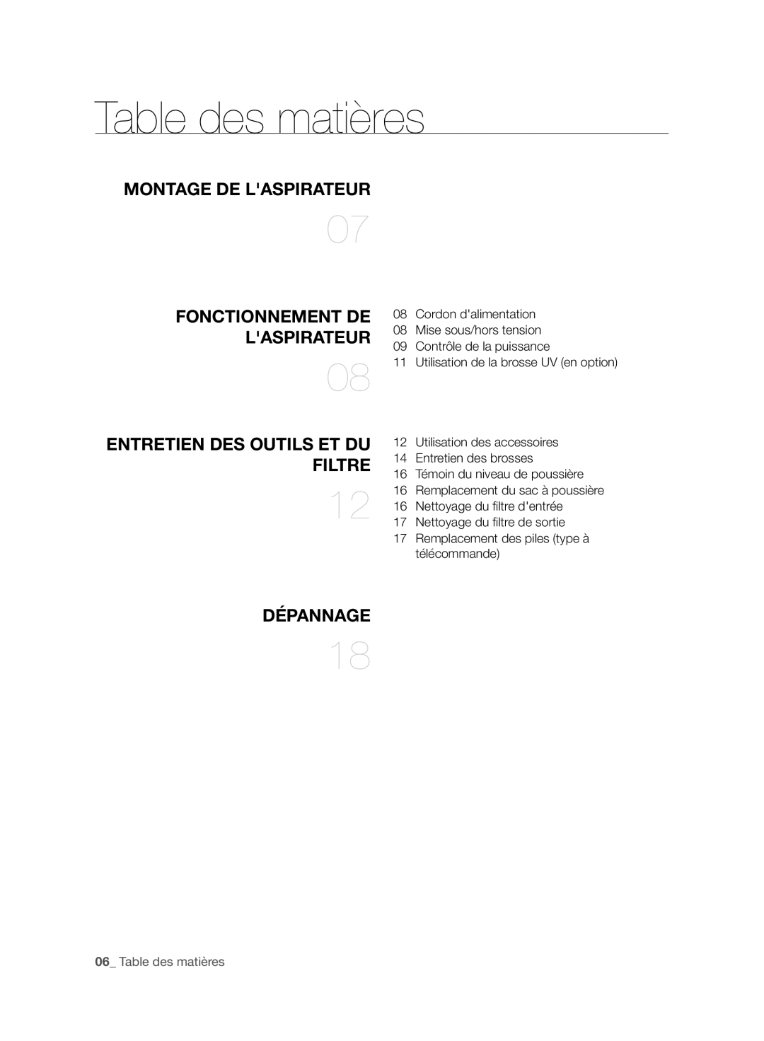 Samsung VC07F60WNUR/EF, VC08F60WNUR/EF manual Table des matières, Laspirateur 