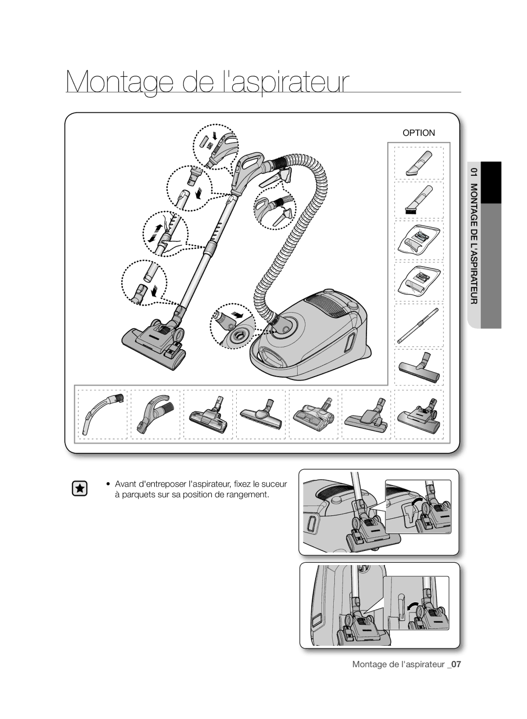 Samsung VC08F60WNUR/EF, VC07F60WNUR/EF manual Montage de laspirateur, Option 