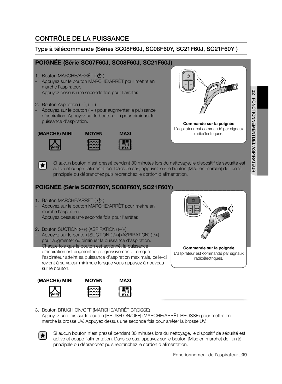 Samsung VC08F60WNUR/EF, VC07F60WNUR/EF manual Contrôle DE LA Puissance, Poignée Série SC07F60J, SC08F60J, SC21F60J 