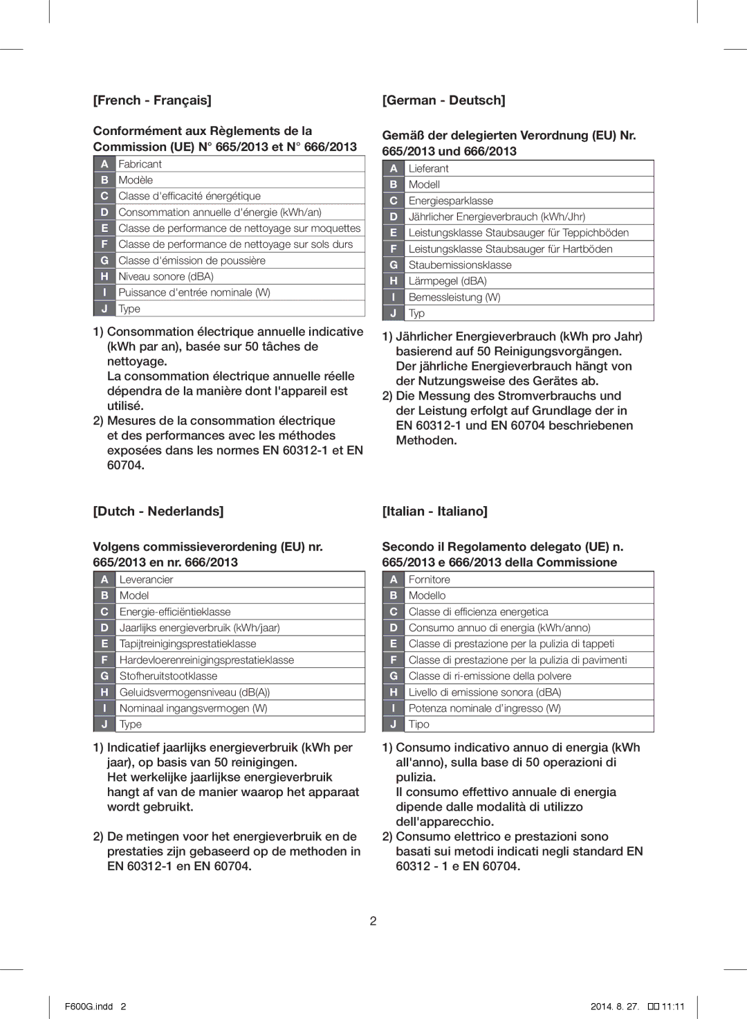 Samsung VC08F60JUVB/EG, VC07F60WNUR/EG, VC07F60JUVB/EG, VC07F60WNUR/EF, VC08F60WNUR/EF manual French Français, Italian Italiano 