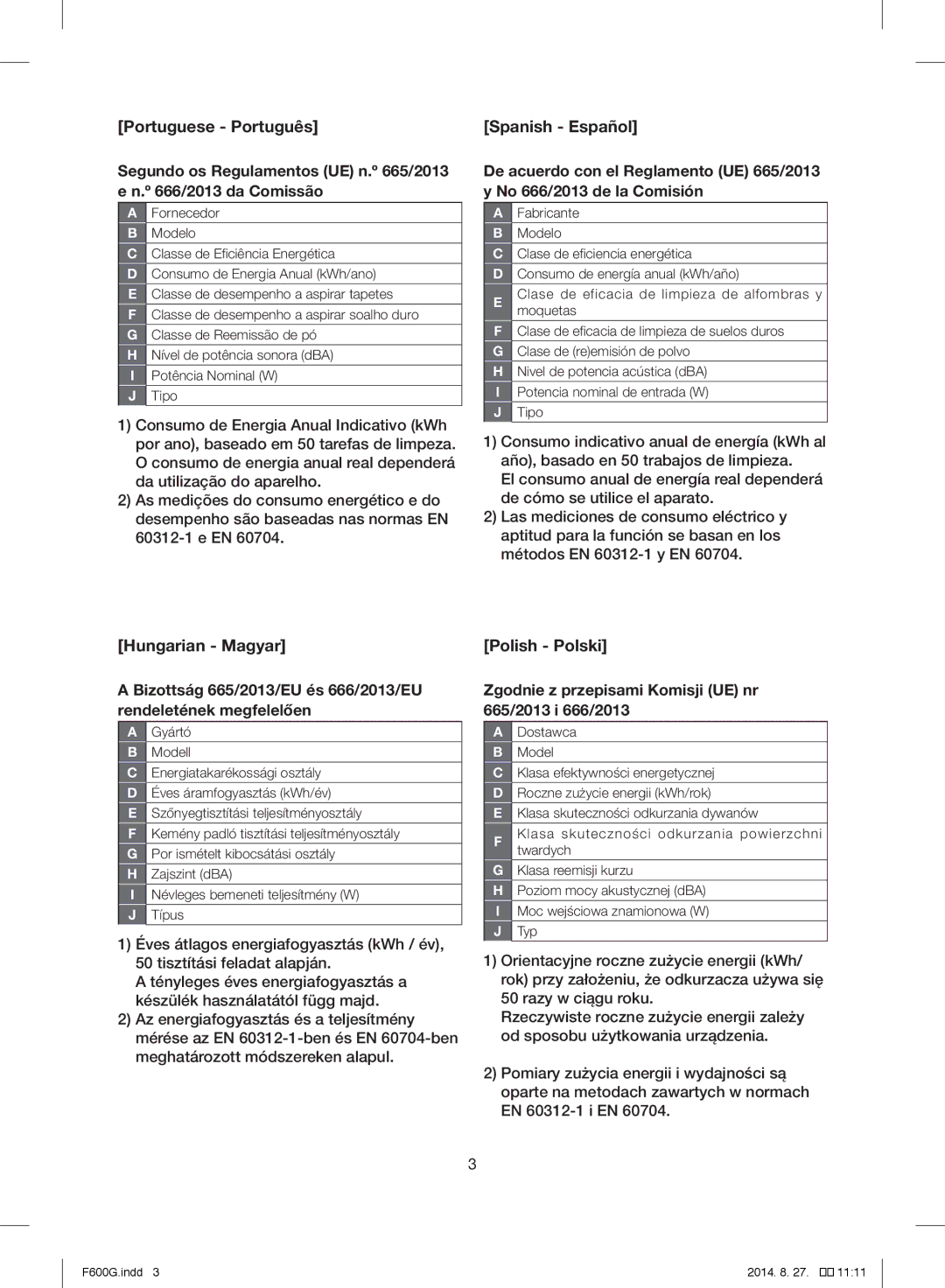 Samsung VC07F60WNUR/EF, VC07F60WNUR/EG, VC07F60JUVB/EG, VC08F60JUVB/EG, VC08F60WNUR/EF, VC07F70HNRN/ET F600G.indd 2014 1111 