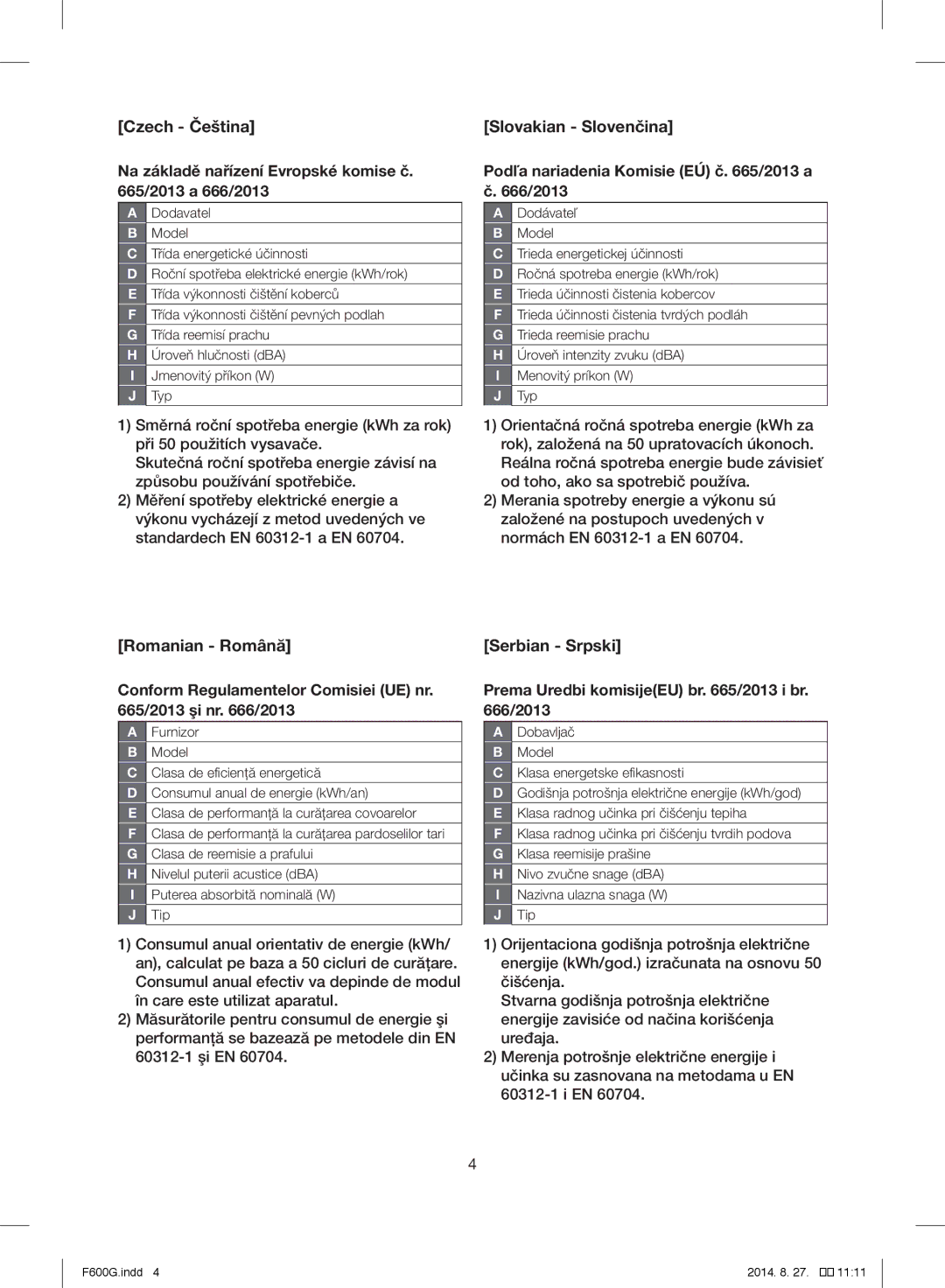 Samsung VC08F60WNUR/EF, VC07F60WNUR/EG, VC07F60JUVB/EG manual Serbian Srpski Prema Uredbi komisijeEU br /2013 i br /2013 