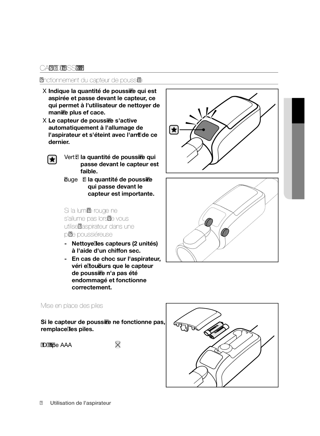 Samsung VC20F70HUDC/EF Capteur DE Poussière EN Option, Fonctionnement du capteur de poussière, Mise en place des piles 