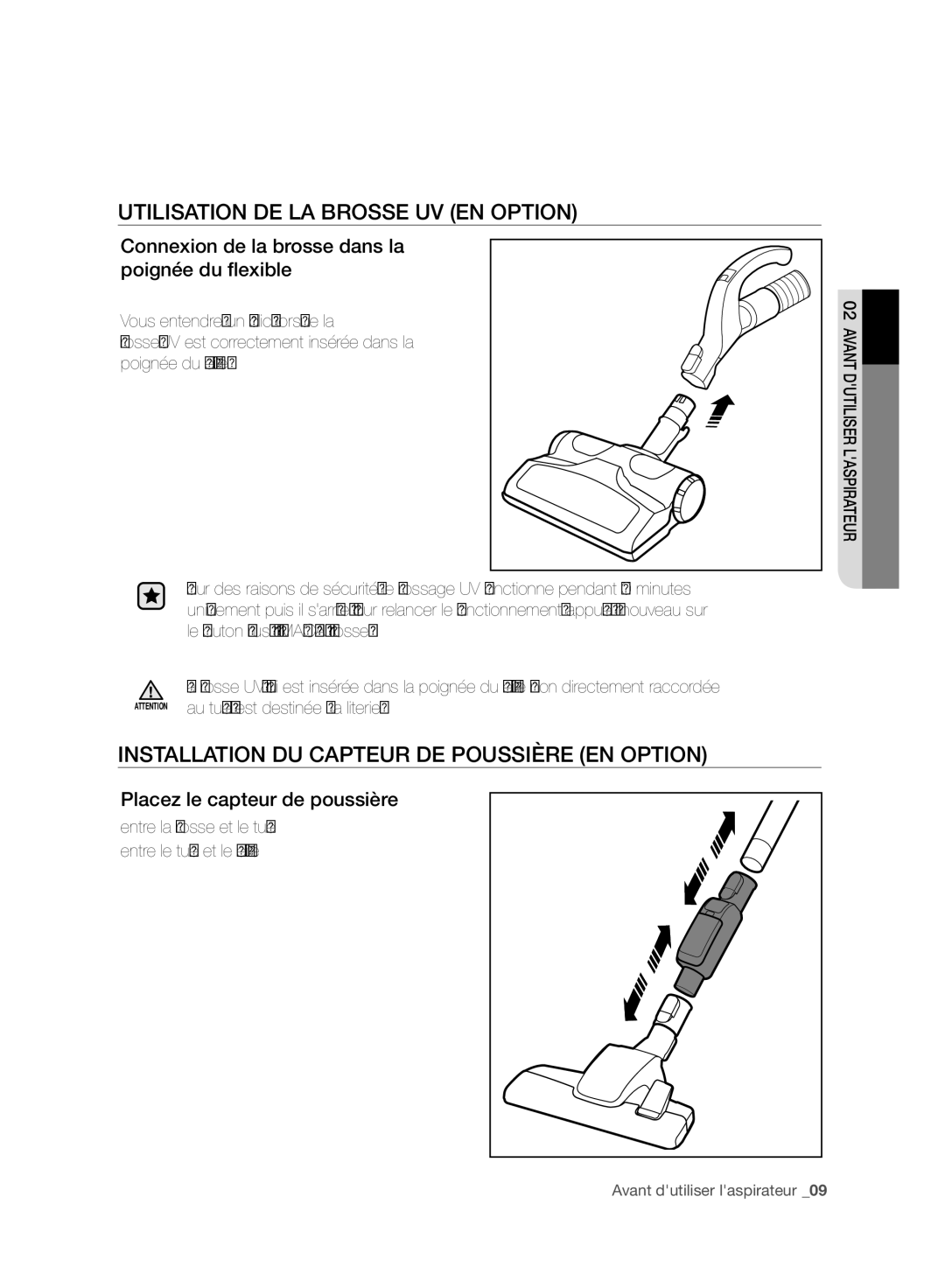 Samsung VC08F70HNUR/EF manual Utilisation DE LA Brosse UV EN Option, Installation DU Capteur DE Poussière EN Option 