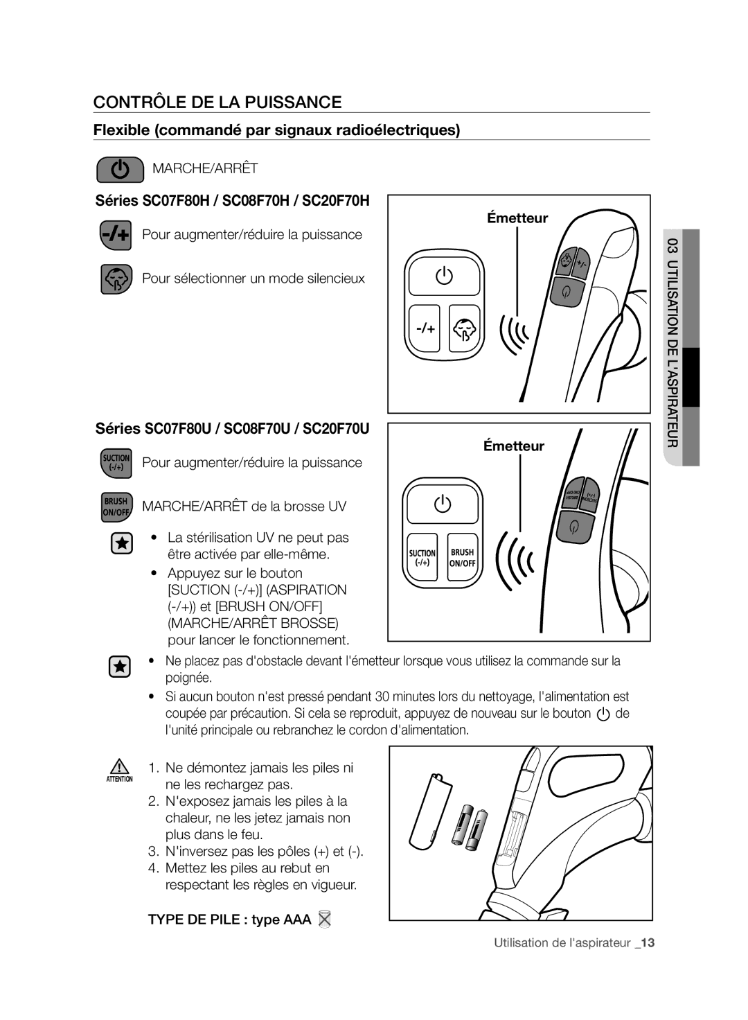 Samsung VC08F70HNUR/EF, VC07F70HUYC/EF, VC08F70HUYC/EF manual Contrôle DE LA Puissance, Séries SC07F80U / SC08F70U / SC20F70U 