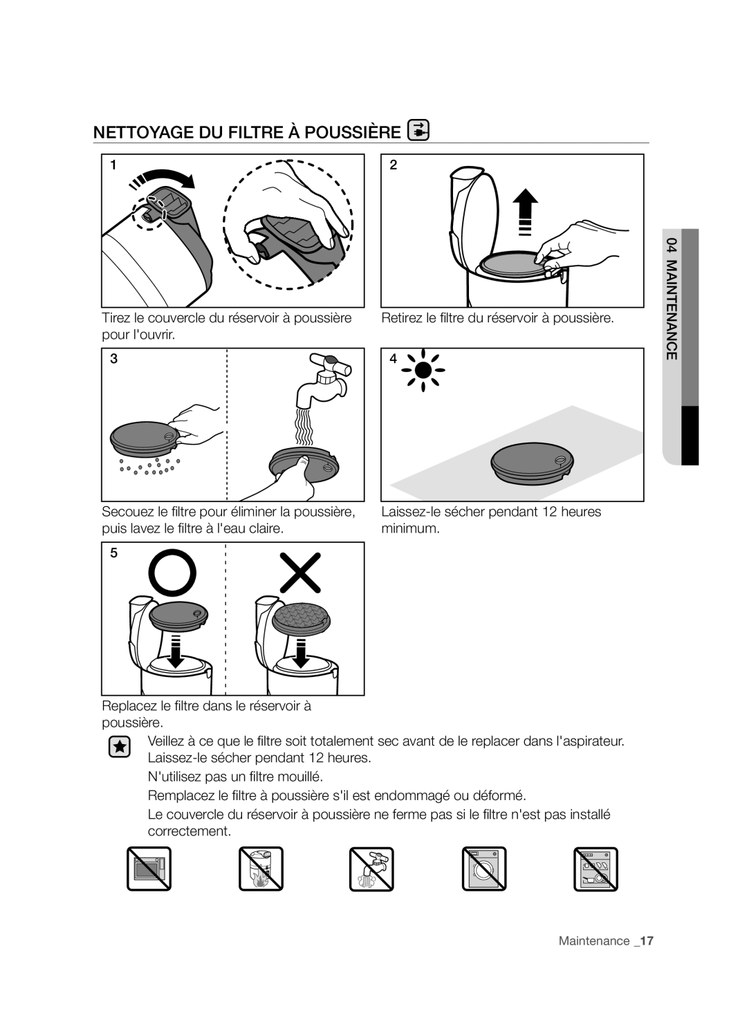 Samsung VC07F70HNUR/EF, VC07F70HUYC/EF, VC08F70HNUR/EF, VC08F70HUYC/EF manual Nettoyage DU Filtre À Poussière, 04AINTENANCE 