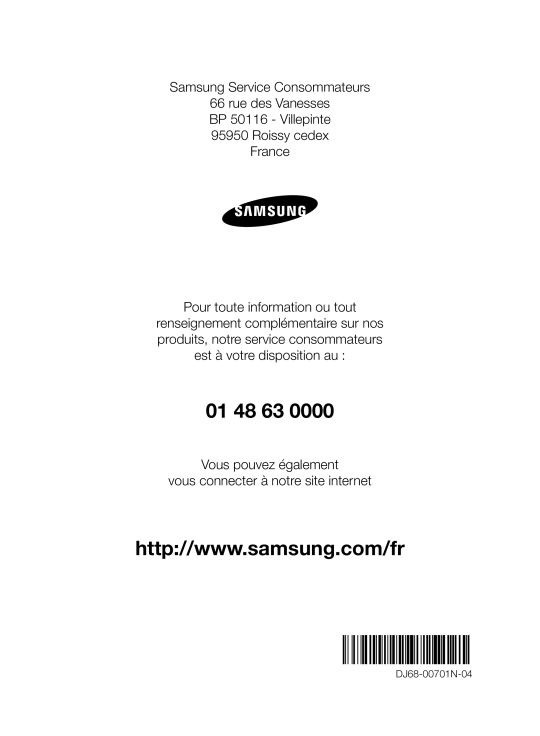 Samsung VC07F70HUYC/EF, VC08F70HNUR/EF, VC08F70HUYC/EF, VC07F80HDDF/EF, VC07F80HDQF/EF, VC07F70HNUR/EF manual 01 48 63 