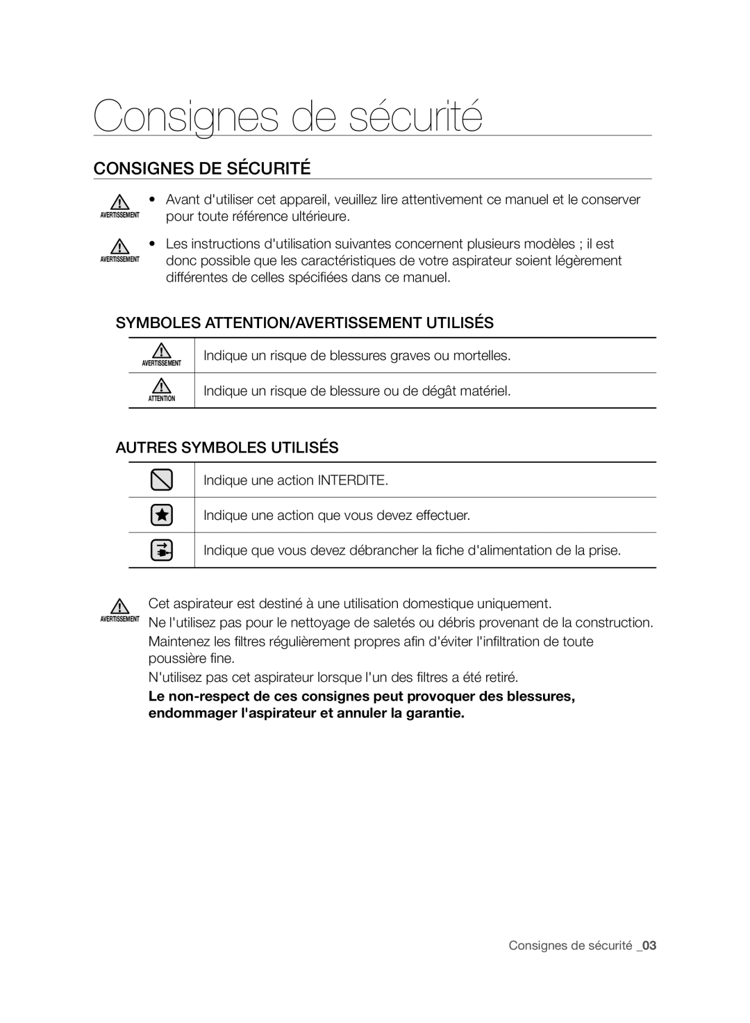 Samsung VC07F80HDDF/EF, VC07F70HUYC/EF, VC08F70HNUR/EF, VC08F70HUYC/EF manual Consignes de sécurité, Consignes DE Sécurité 