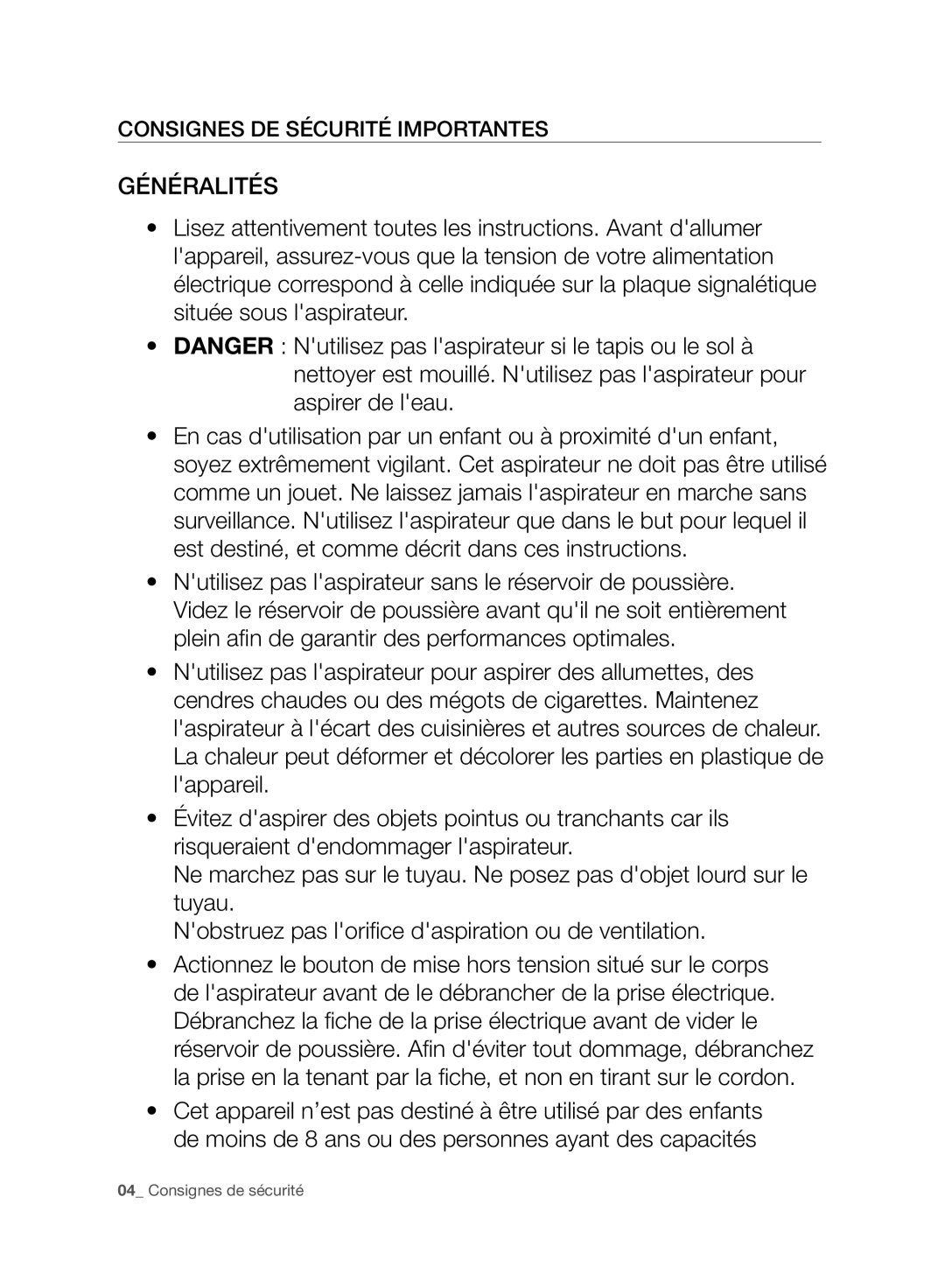 Samsung VC07F80HDQF/EF, VC07F70HUYC/EF, VC08F70HNUR/EF, VC08F70HUYC/EF manual Généralités, Consignes DE Sécurité Importantes 