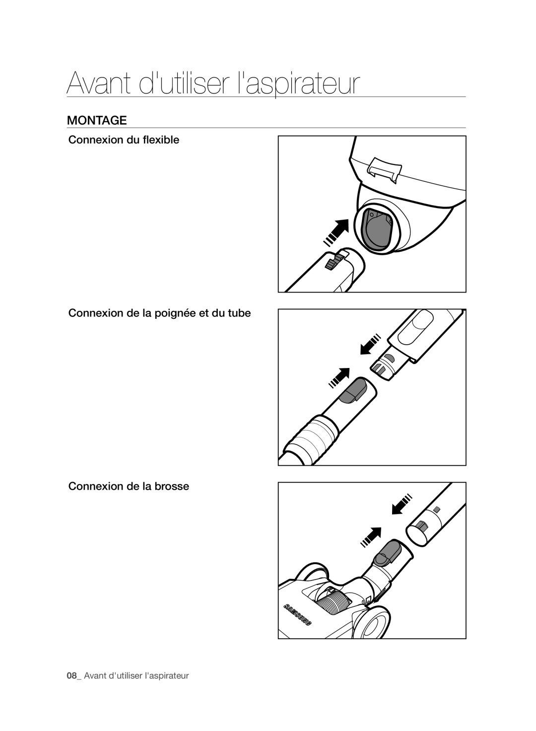 Samsung VC08F70HUYC/EF, VC07F70HUYC/EF, VC08F70HNUR/EF, VC07F80HDDF/EF, VC07F80HDQF/EF Avant dutiliser laspirateur, Montage 