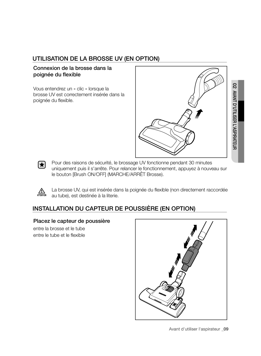 Samsung VC07F80HDDF/EF manual Utilisation DE LA Brosse UV EN Option, Installation DU Capteur DE Poussière EN Option 