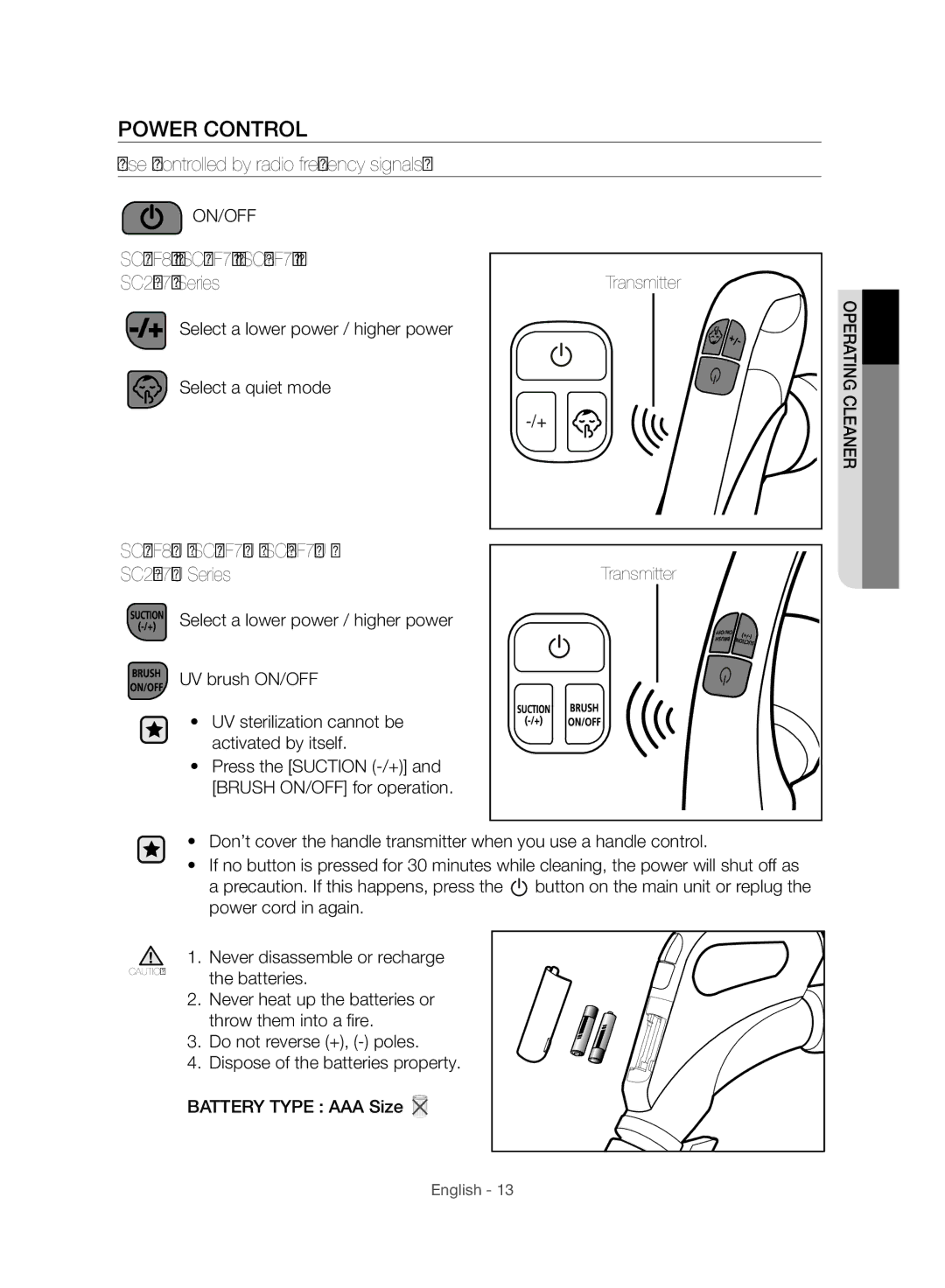 Samsung VC08F70HNUR/SW, VC07F80HUUK/EG, VC07F80HDTF/SW manual Power Control, SC07F80U / SC07F70U / SC08F70U SC20F70U Series 