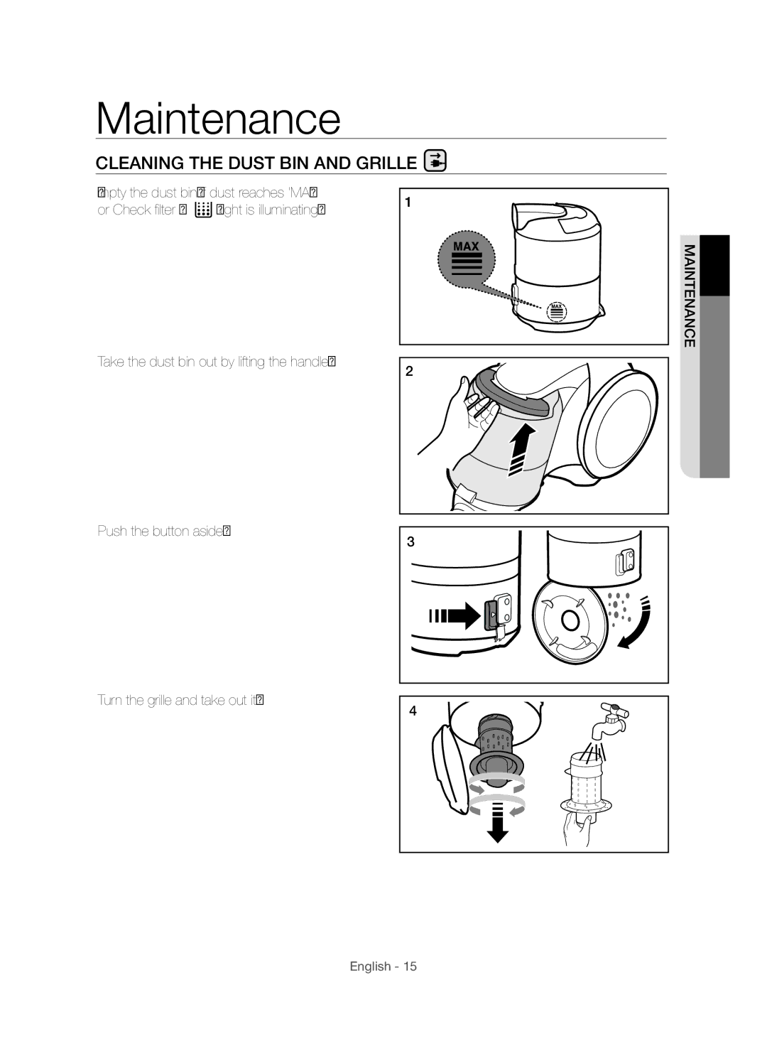 Samsung VC07F80HDTF/SW, VC07F80HUUK/EG, VC07F70HNUR/SW, VC07F70HUYC/SW manual Maintenance, Cleaning the Dust BIN and Grille 