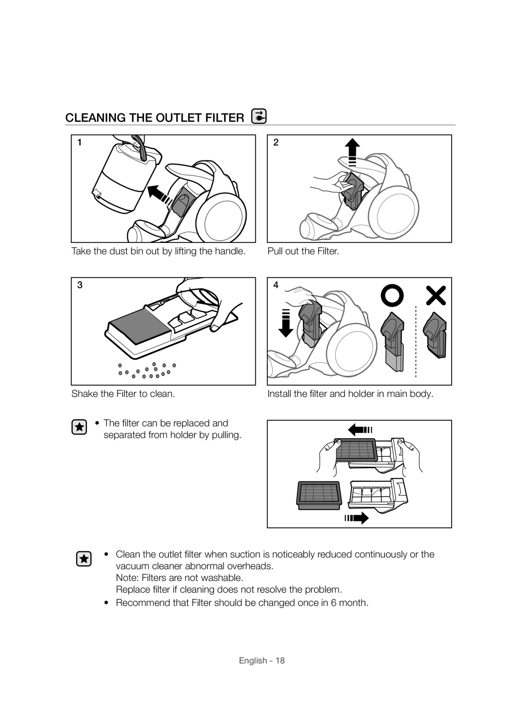 Samsung VC07F80HUUK/SW, VC07F80HUUK/EG, VC07F80HDTF/SW, VC07F70HNUR/SW, VC07F70HUYC/SW manual Cleaning the Outlet Filter 