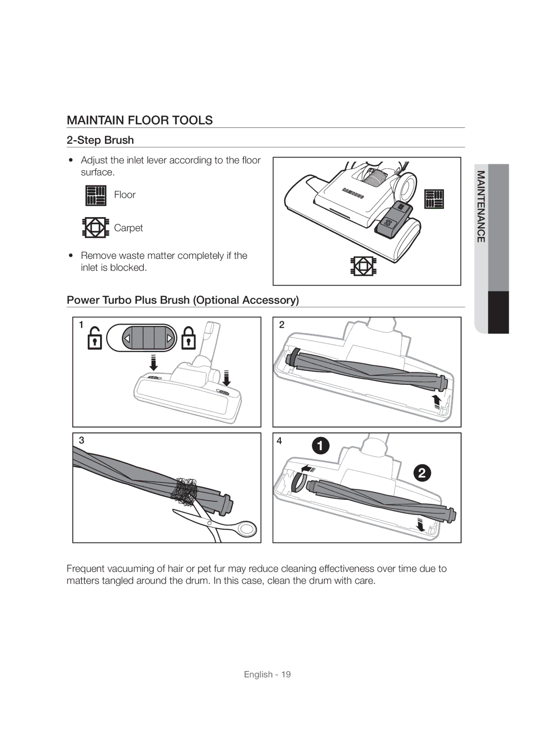 Samsung VC07F70HNUR/EG, VC07F80HUUK/EG manual Maintain Floor Tools, Step Brush, Power Turbo Plus Brush Optional Accessory 