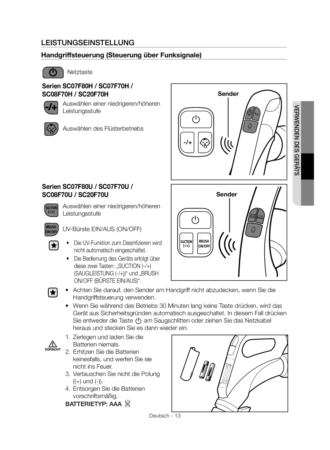 Samsung VC07F70HNUR/SW, VC07F80HUUK/EG, VC07F80HDTF/SW Leistungseinstellung, Handgriffsteuerung Steuerung über Funksignale 