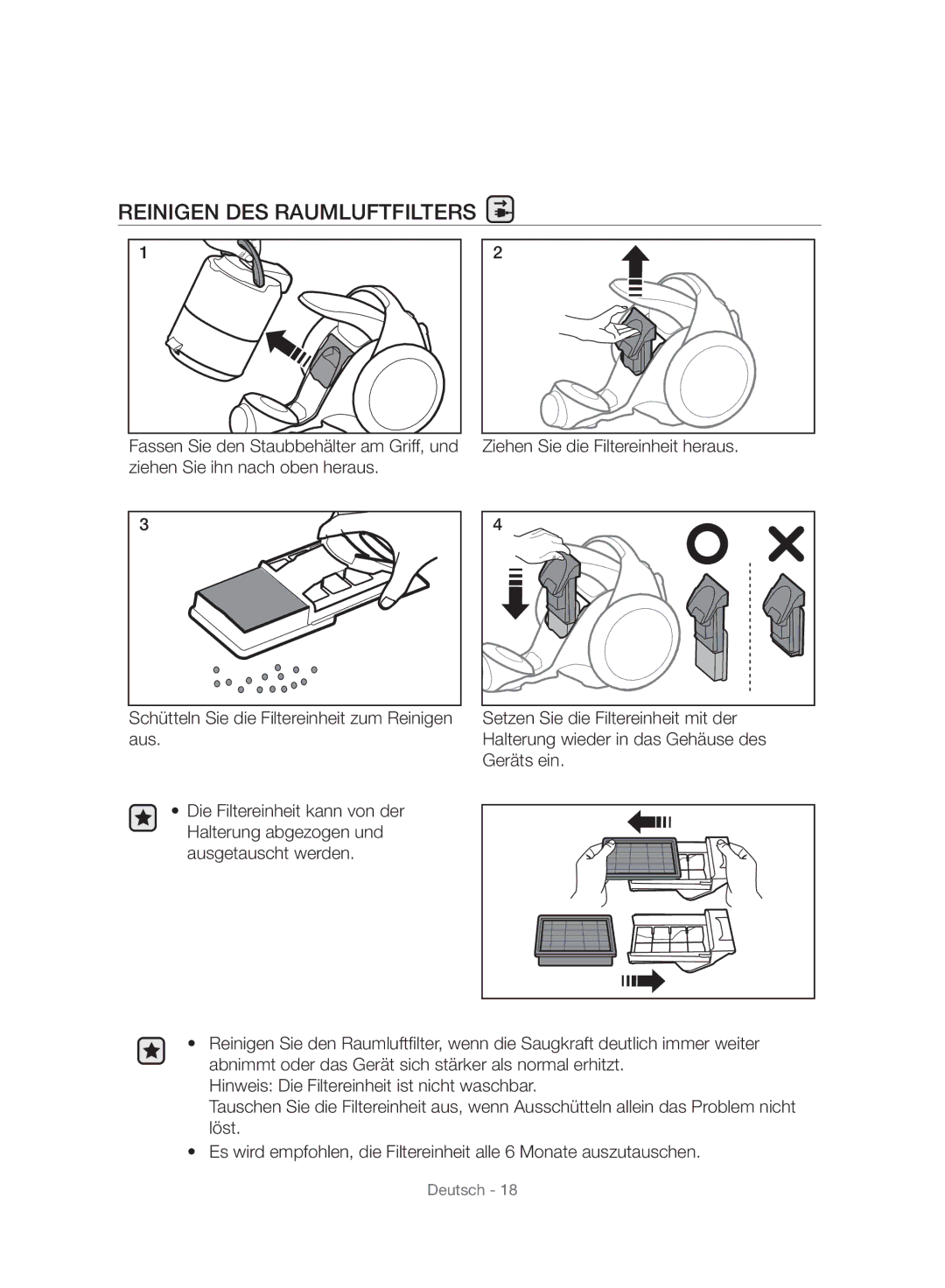 Samsung VC07F80HUUK/EG, VC07F80HDTF/SW, VC07F70HNUR/SW, VC07F70HUYC/SW, VC07F80HUUK/SW manual Reinigen DES Raumluftfilters 