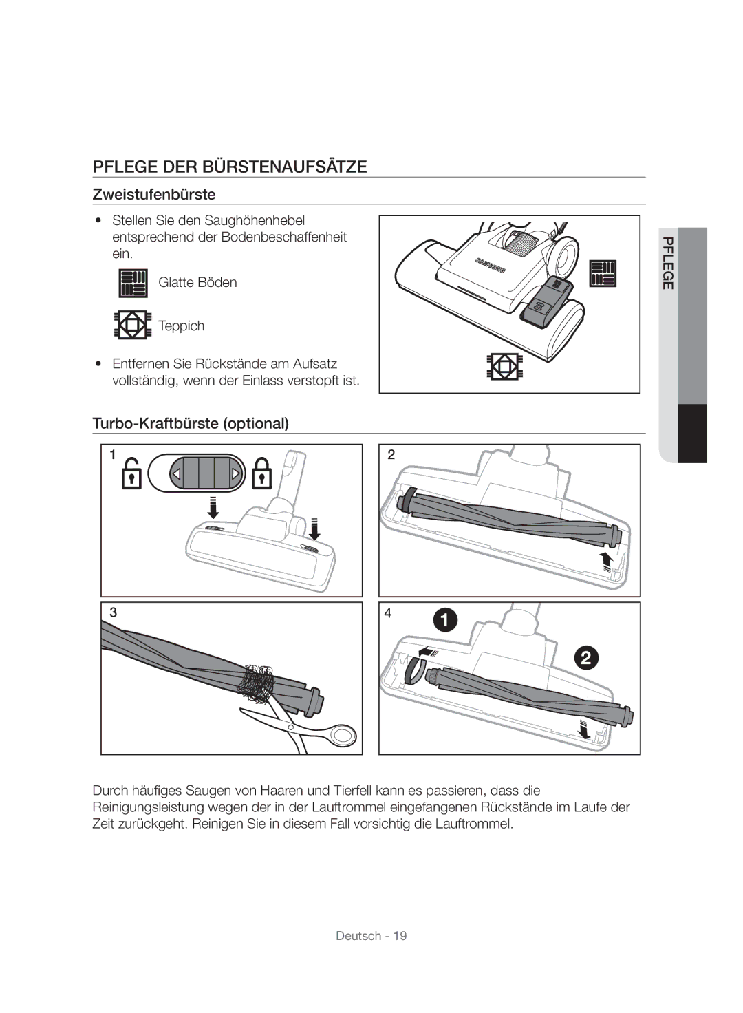 Samsung VC07F80HDTF/SW, VC07F80HUUK/EG manual Pflege DER Bürstenaufsätze, Zweistufenbürste, Turbo-Kraftbürste optional 