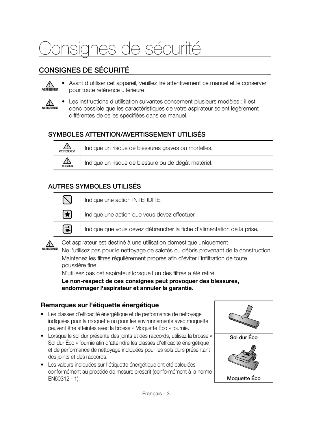 Samsung VC07F70HNUR/SW, VC07F80HUUK/EG, VC07F80HDTF/SW, VC07F70HUYC/SW manual Consignes de sécurité, Consignes DE Sécurité 