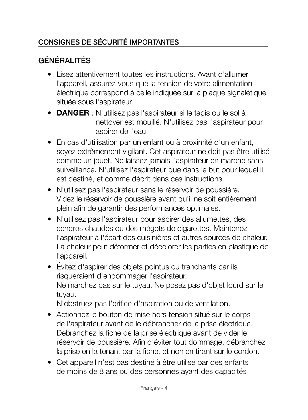 Samsung VC07F70HUYC/SW, VC07F80HUUK/EG, VC07F80HDTF/SW, VC07F70HNUR/SW manual Généralités, Consignes DE Sécurité Importantes 