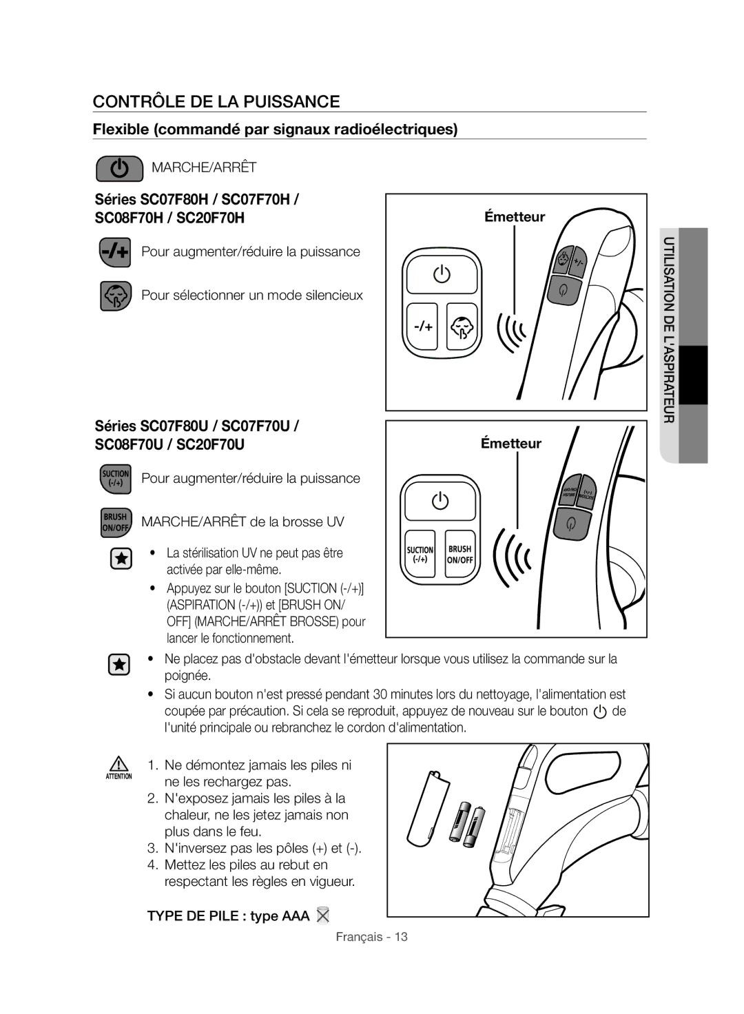 Samsung VC07F70HNUR/EG, VC07F80HUUK/EG manual Contrôle DE LA Puissance, Séries SC07F80H / SC07F70H SC08F70H / SC20F70H 