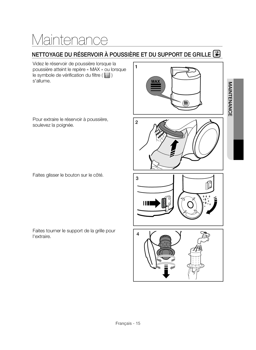 Samsung VC07F80HUUK/EG, VC07F80HDTF/SW, VC07F70HNUR/SW manual Nettoyage DU Réservoir À Poussière ET DU Support DE Grille 