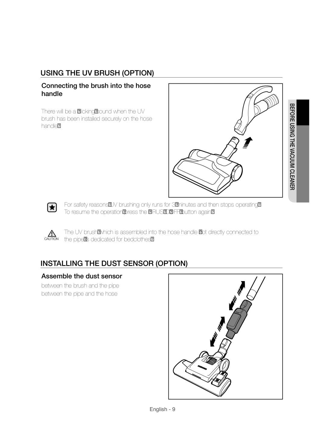 Samsung VC07F70HNUR/SW manual Using the UV Brush Option, Installing the Dust Sensor Option, Assemble the dust sensor 