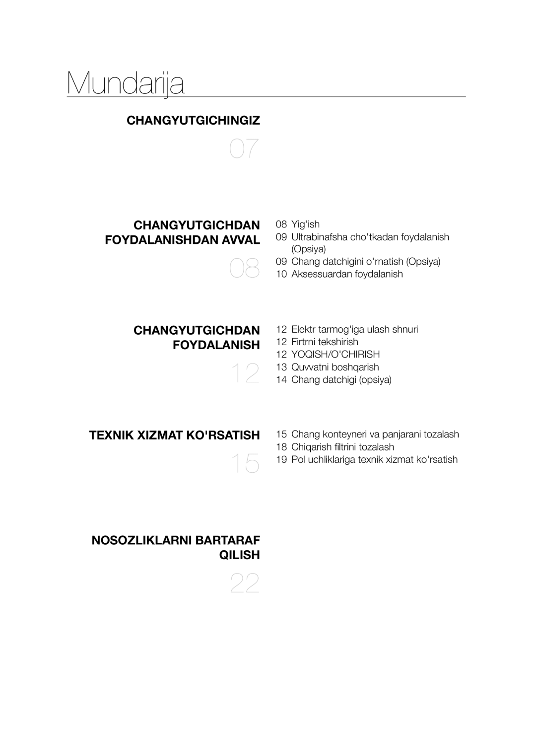 Samsung VC07F80UNCC/EV Mundarija, Changyutgichingiz, Foydalanish, Texnik Xizmat Korsatish, Nosozliklarni Bartaraf Qilish 