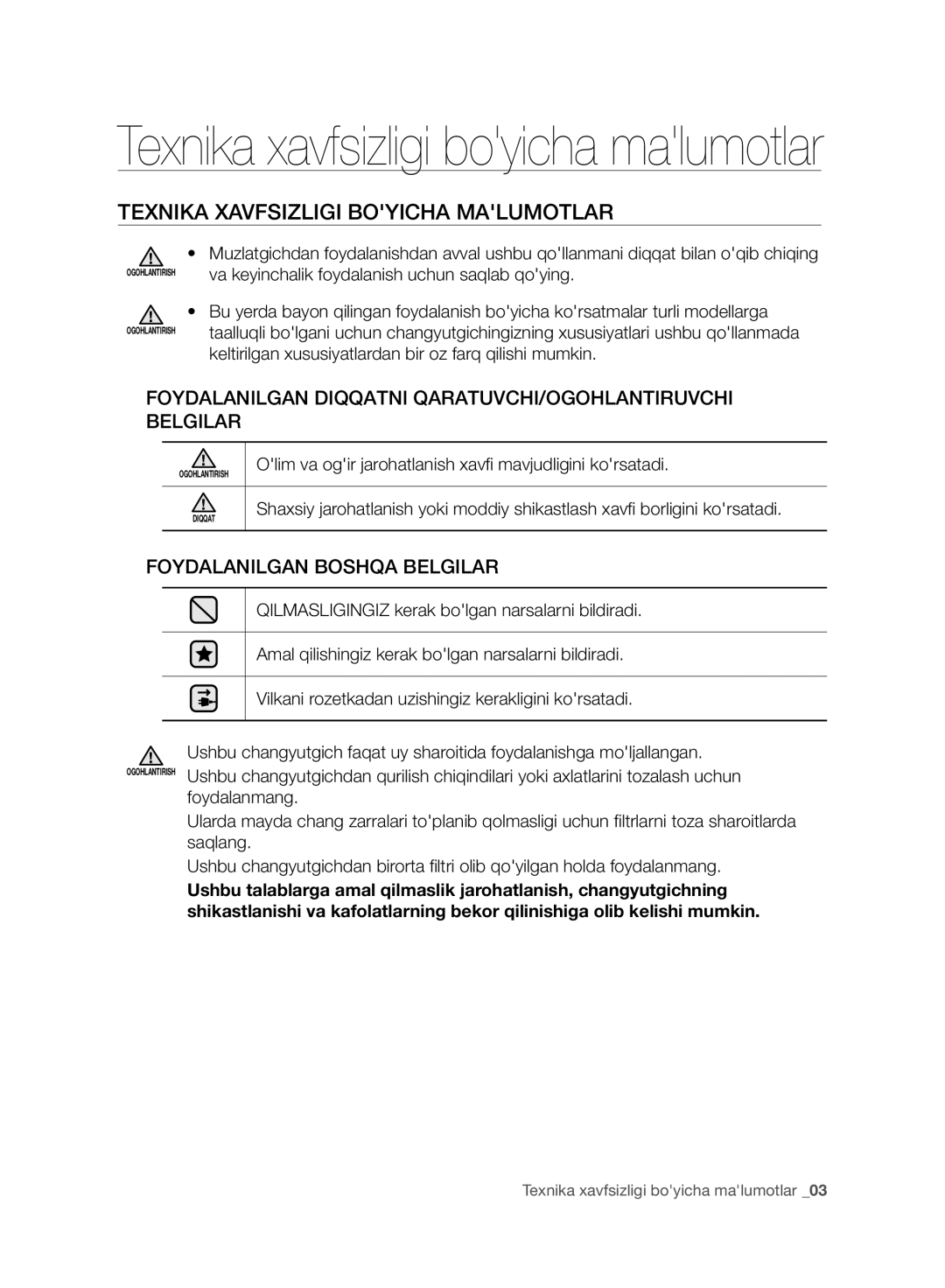 Samsung VC07F80UNCC/EV manual Texnika xavfsizligi boyicha malumotlar, Texnika Xavfsizligi Boyicha Malumotlar 