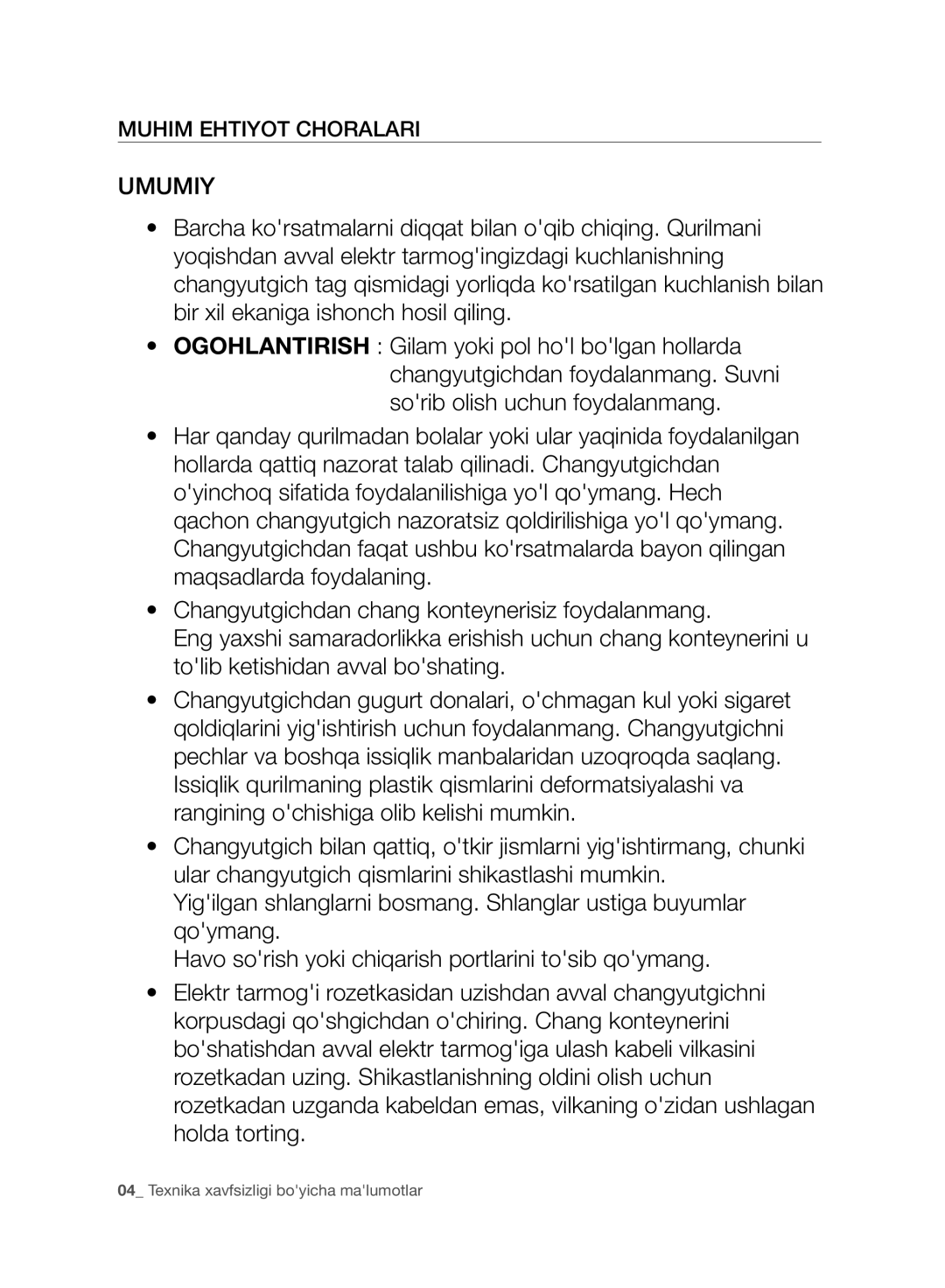 Samsung VC07F80UNCC/EV manual Umumiy, Muhim Ehtiyot Choralari 