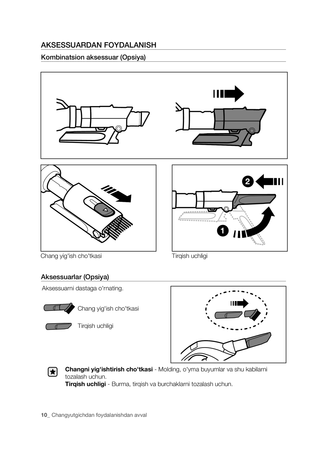 Samsung VC07F80UNCC/EV manual Aksessuardan Foydalanish, Kombinatsion aksessuar Opsiya, Aksessuarlar Opsiya 