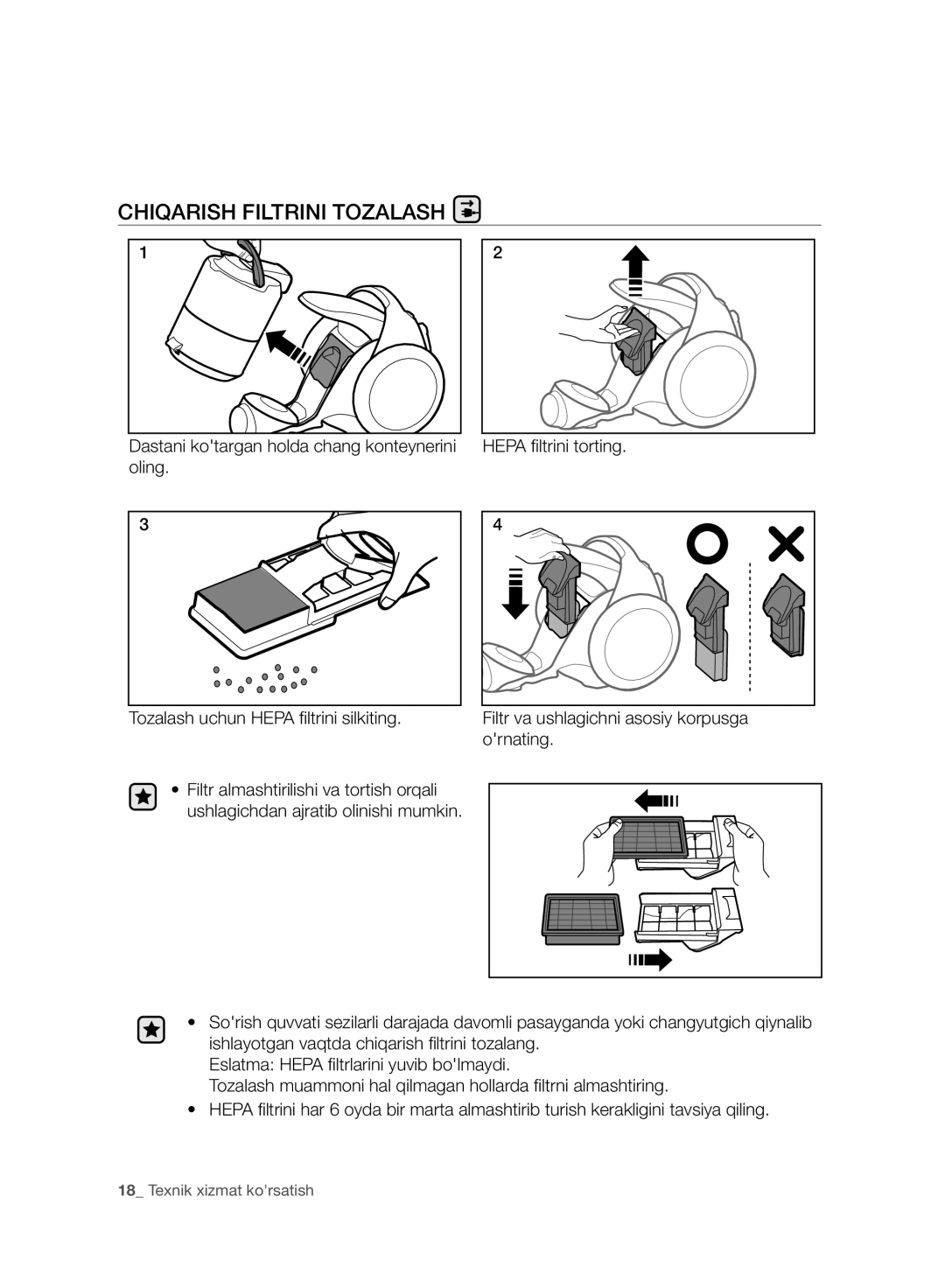 Samsung VC07F80UNCC/EV manual Chiqarish Filtrini Tozalash 