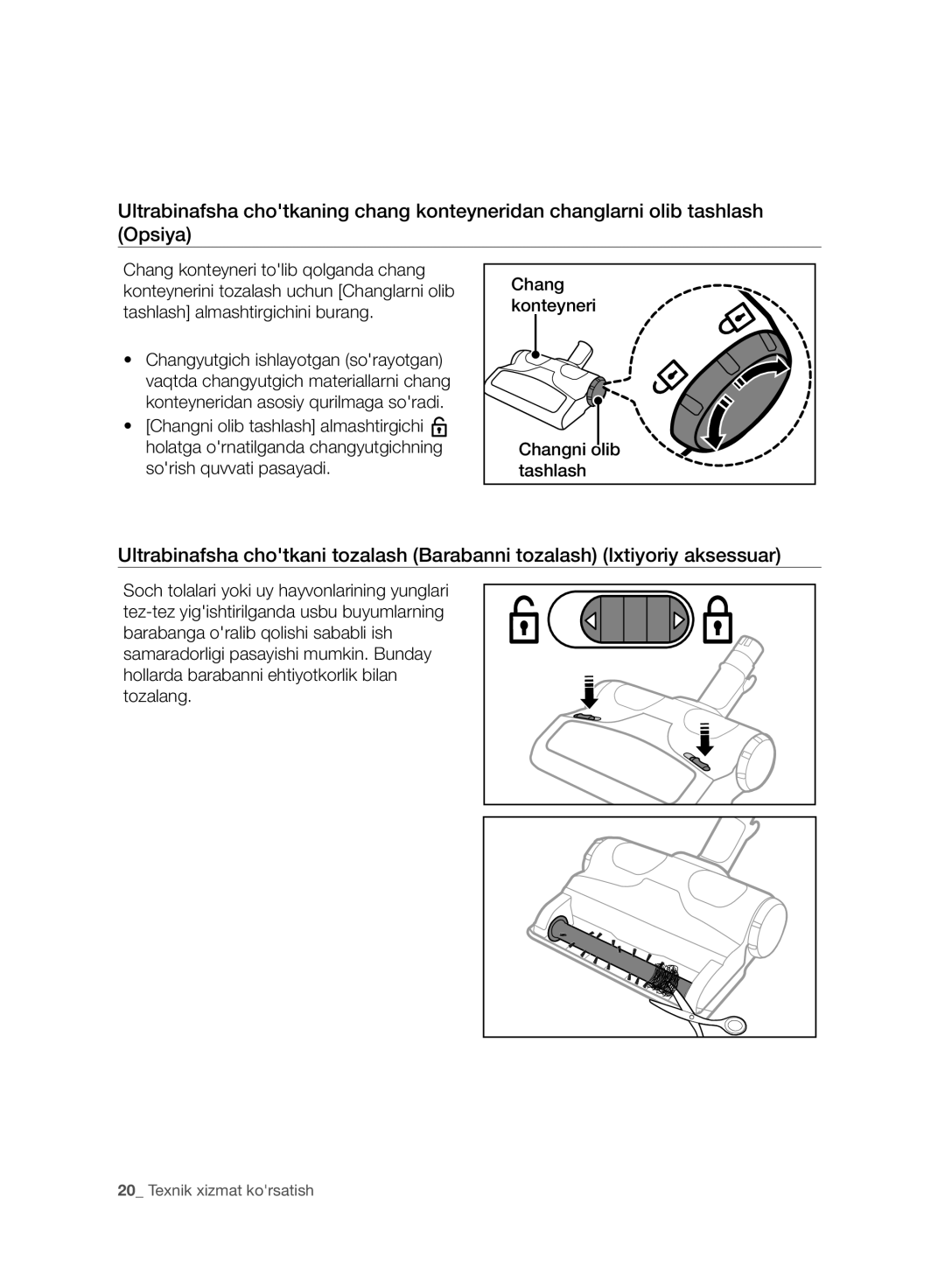 Samsung VC07F80UNCC/EV manual Chang konteyneri Changni olib tashlash 